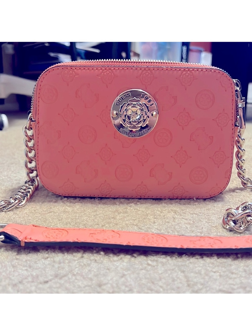 GUESS Coral Pink Logo Embossed Crossbody Bag